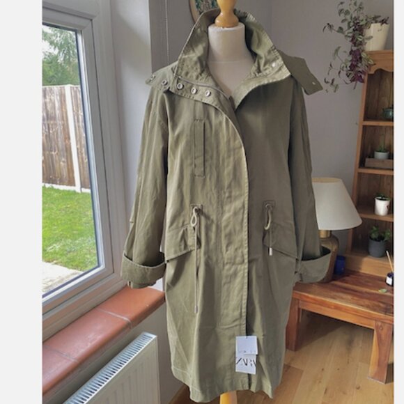 Women's Zara Khaki Green Hooded Parka Trench Coat Size M - Picture 8 of 13
